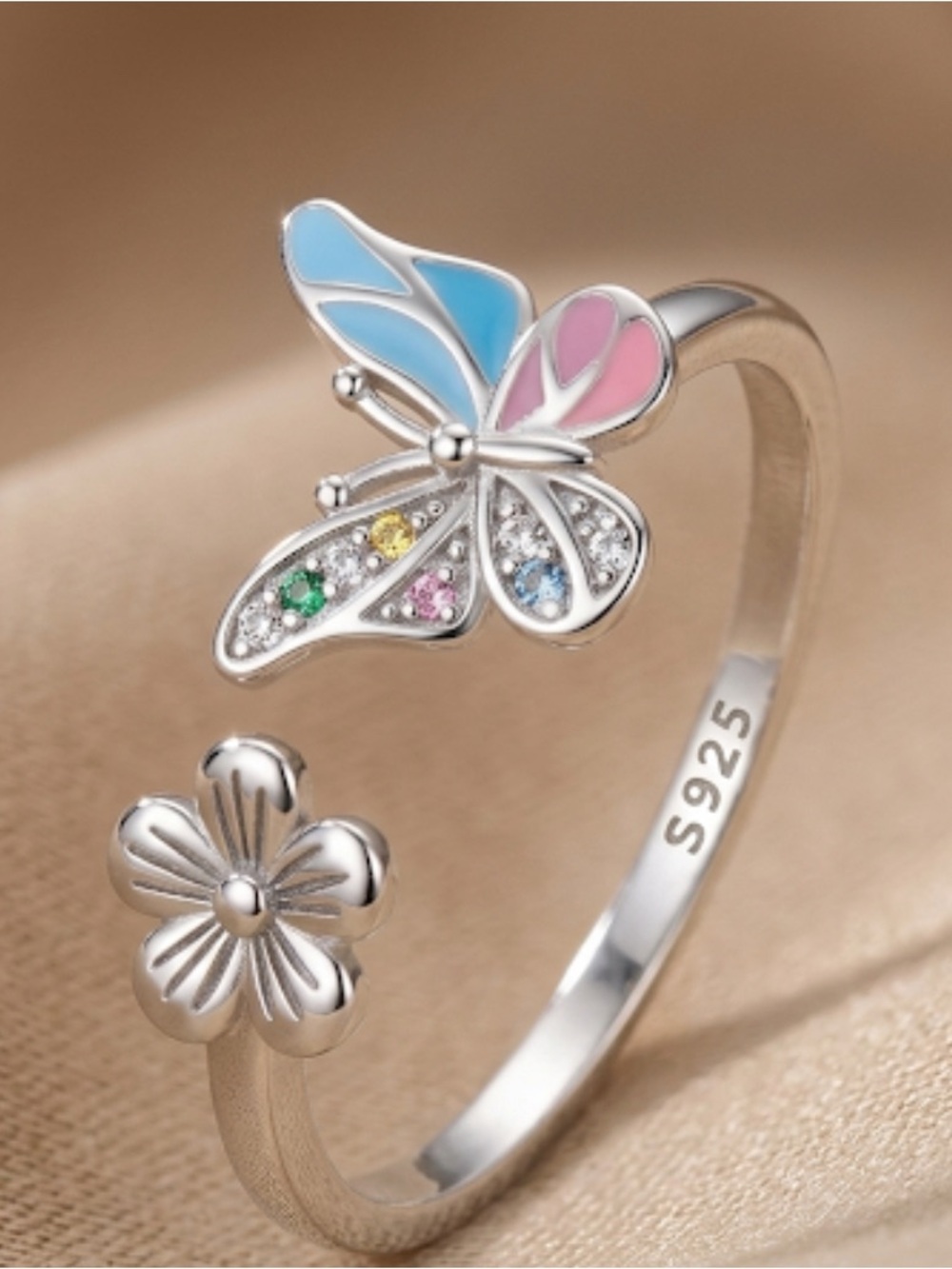 Sterling Silver Butterfly & Flower Open Ring - Pink & Blue